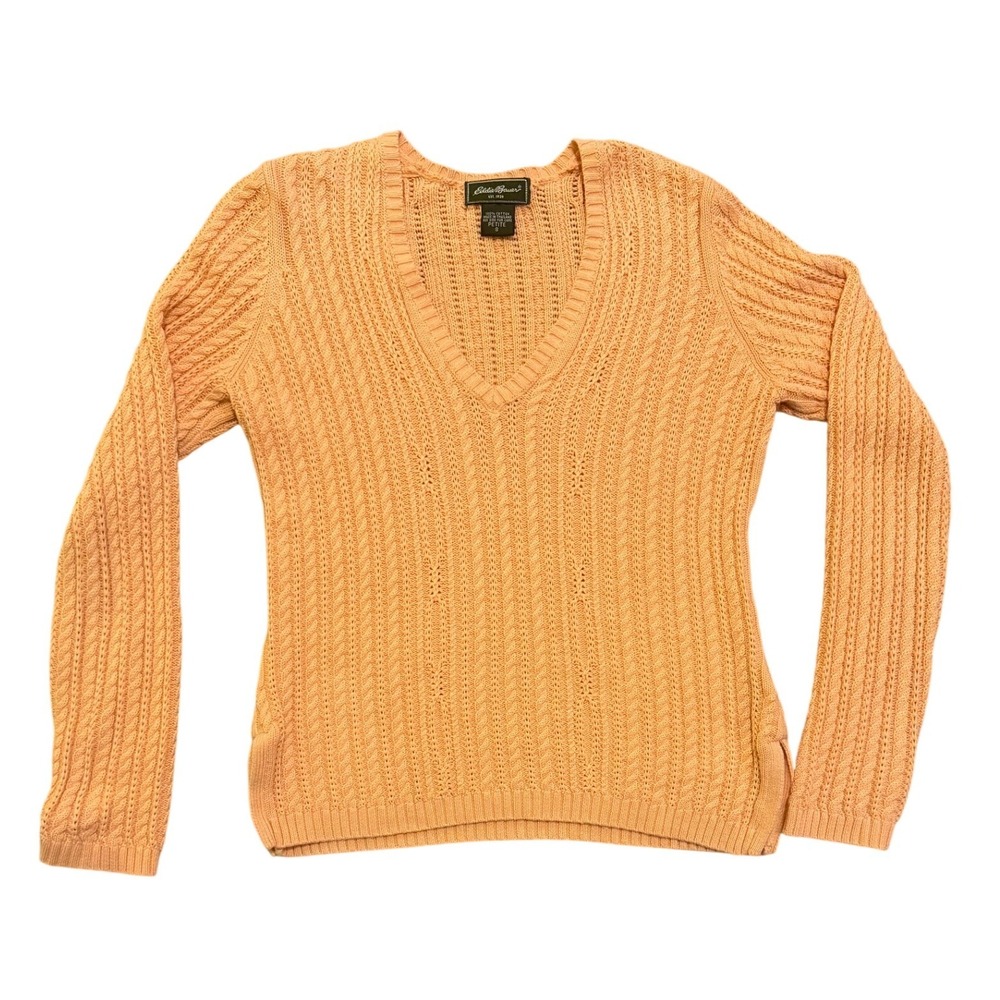 100% Cotton‎ Eddie Bauer Peach Cable Knit V Neck Cotton Petite Sweater Size S